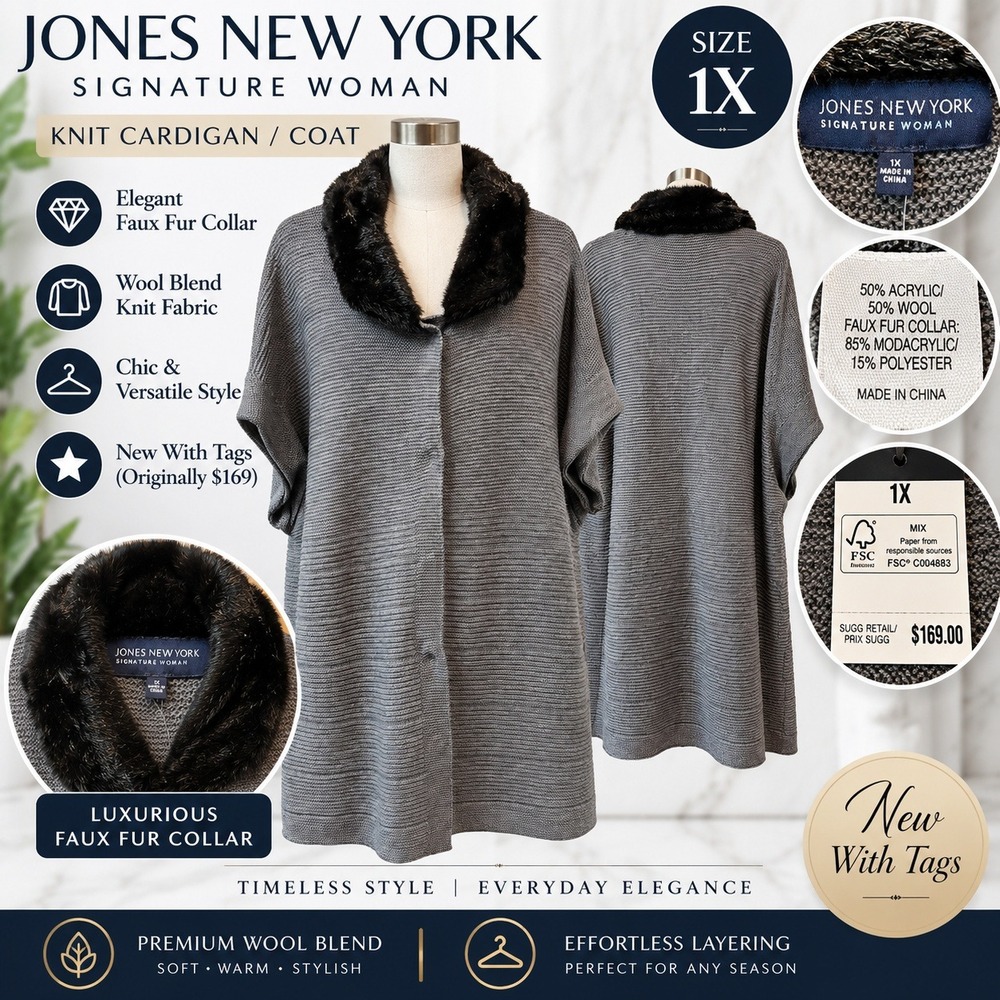 Jones New York Signature Woman Gray Wool Blend Knit Cardigan Faux Fur Collar 1X